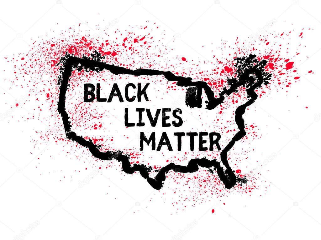 Grunge brush ink hand-drawn silhouette of USA with red bloody splashes around and sign Black Lives Matter. Concept of violence in the country. Logo, poster, sticker against racism and police abuse.