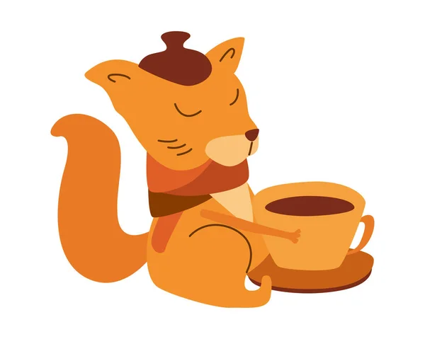 Illustration Dessinée Main Mignon Écureuil Dessin Animé Automne Avec Tasse — Image vectorielle