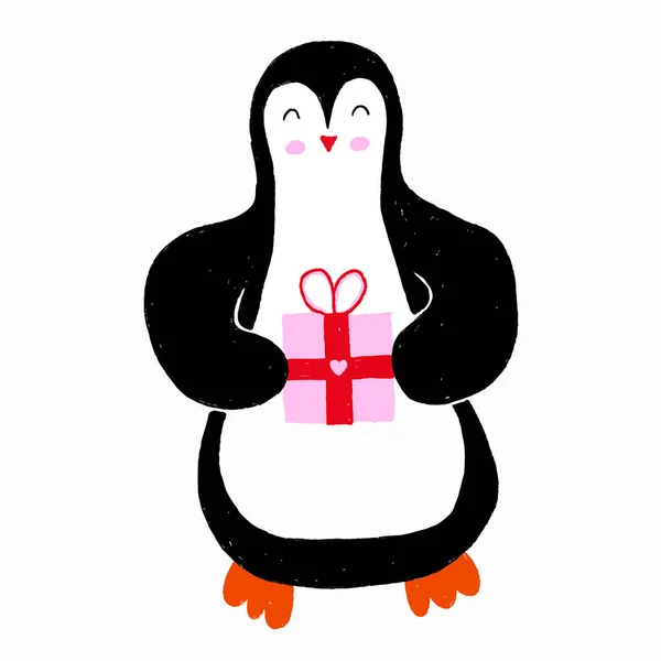 Roztomilý Malý Zimní Tučňák Vánoční Tučňák Stojí Rád Dárky Dárky — Stockový vektor