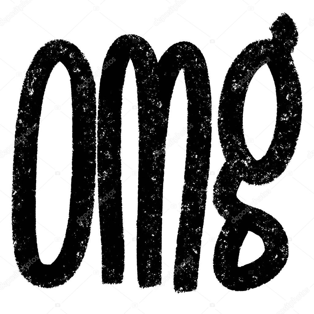 OMG. Vector hand drawn calligraphic grunge brush stroke illustration design. Comics style poster, t shirt print, social media blog content, birthday card invitation, vlog cover