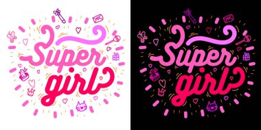 Kıyafetler için Süper Kız metninin vektör illüstrasyonu. Çocukların rozet simgesi. İlham verici bir kart davetiye bayrağı. Kadın kaligrafi geçmişi. Kutlama harfleri tipografi posteri.