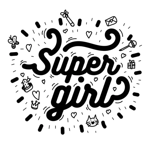 Vektor Ilustrasi Teks Super Girl Untuk Pakaian Ikon Tag Anak - Stok Vektor