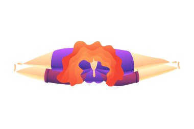 Yoga egzersizi yapan kız. Yoga egzersizi yapan bir kadın. Poster, afiş, el ilanı, kart, web sitesi için kullanılabilir. Isınıyorum, geriniyorum. Vektör çizimi. Yoga pozları veren kadın çizgi film karakteri.