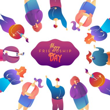 Çeşitli arkadaş grubuyla özel bir kutlama için bir araya gelen dostluk gününüz kutlu olsun. EPS10 vektörü.