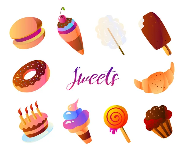 Set Dessert Related Vector Illustrazioni Colorate Contiene Icone Come Macaron — Vettoriale Stock