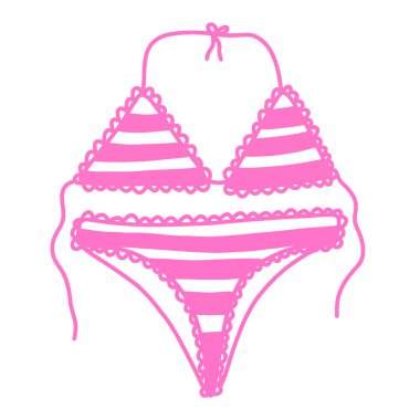 Pembe ve beyaz desenli çizgili bikini takımı. Mayo ikonu. Beyaz arkaplanda izole edilmiş web tasarımı için ana hatlı mayo vektör simgesi. Mürekkep fırçasıyla boyanmış el çizimi karikatür tarzı..