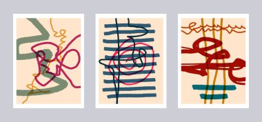 Duvar dekorasyonu, kartpostal ya da broşür tasarımı için üç adet yaratıcı minimalist el resmi. Vektör EPS10.