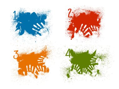 El sayımı, izole edilmiş arka planda kirli afişler bulunan grunge el izine güvenerek. El lekesi. Düz moda illüstrasyonu. Bir, iki, üç, dört aşama için pankart. Elle çizilmiş sıçramalar