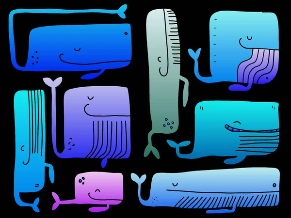 クジラのベクトルセットアイコン かわいい漫画の落書き手描きの文字 ベクトルイラスト海洋動物 白い背景に隔離された海の魚 哺乳類のシンボル装飾のコレクション — ストックベクタ