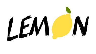 Limonun düz karalama vektör çizimi, tipografi bir yana. Grafik tasarım logosu. Grunge konsepti limon suyu, malzeme, ekşi, C vitamini, taze yiyecek veya içecek..