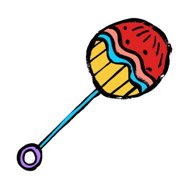 Vektör oyuncak düz çizim. Bebeğim, beyaz arka planda izole edilmiş bebek renkli plastik oyuncak çizimi. Çocuk eğitimi, büyüme ve gelişme konsepti. Doodle grunge el çizimi tarzı.