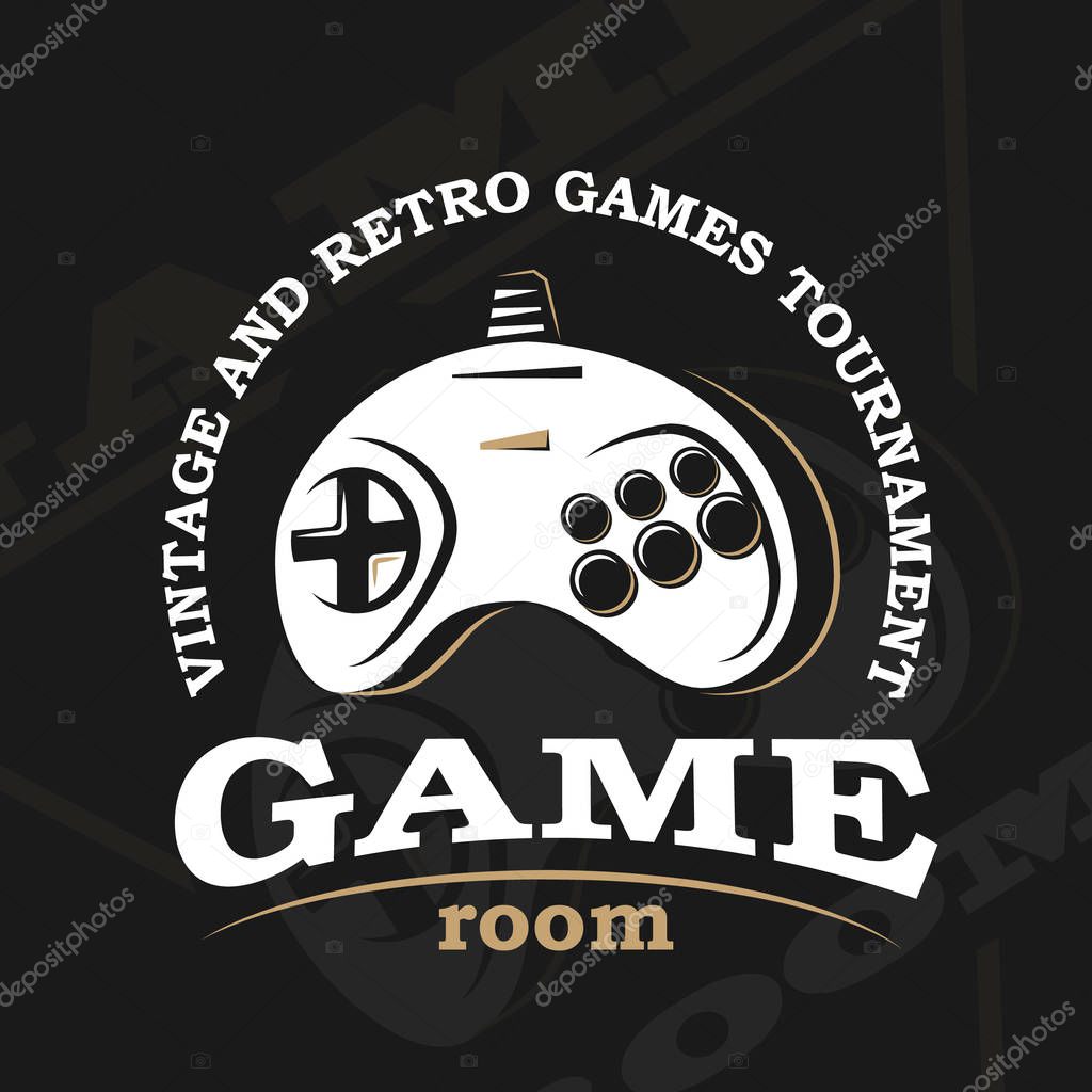 Vector gamepad logo. Game design, old, retro, vintage arcades, in monochrome style. Sign, banner, emblem of the tournament. Logo of video games. Computer Club.