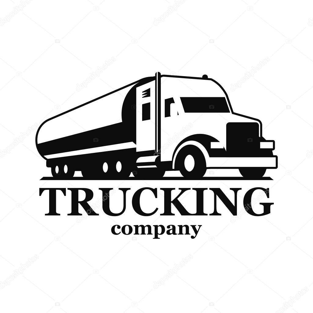 Vector truck logo. Emblem, banner, logotype of the logistics center, delivery, freight, heavy cargo. Black and white color. Monochrome style.