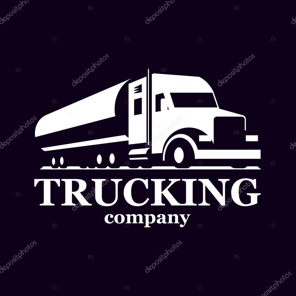 Vector truck logo. Emblem, banner, logotype of the logistics center, delivery, freight, heavy cargo. Black and white color. Monochrome style.