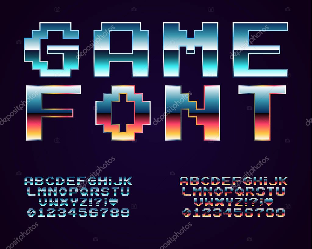 Set of vector letters in retro style. Game design. Font of old games. 8 bit letters and numbers vector alphabet.