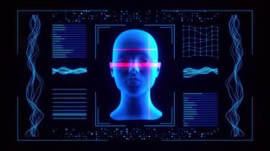 Neon siber tasarımı ile dijital yüz taraması. Tel çerçeve başı, biyometrik kimlik, fütüristik teknoloji, mavi ışık, kadın yapay zeka bağlantısı, güvenlik ve akıllı tanıma.