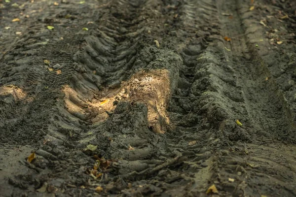 Hintergrund schmutzige, rutschige Spuren von Autoreifen in Lehm. Straßenrad an Land im Gelände — Stockfoto