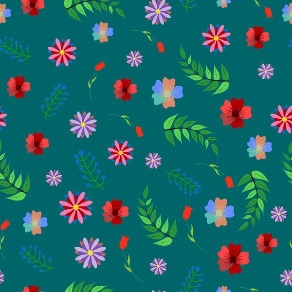 Lindo patrón floral sin costuras con flores abstractas y plantas. Fondo colorido para impresiones — Vector de stock