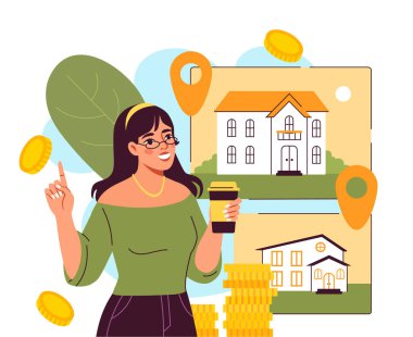 Daire satan bir kadın. Emlakçı gayrimenkul gösteriyor. Özel mülkle uğraşıyor. Malikane, ev ya da ev satılık. İpotek ve kira. Düz vektör illüstrasyonu