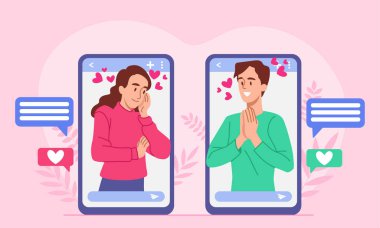 Flört başvurusu konsepti. Kadın ve erkek akıllı telefon ekranı ile iletişim kurar. Aşk ve romantizm. Romantik buluşma ve ilişkiler. Sosyal medyada bağlantı. Düz vektör illüstrasyonu