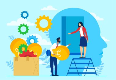 Yaratıcılık ve yenilik. Kadın ve erkek ellerinde ampul tutuyorlar. Planlama ve özlem. Beyin fırtınası ve yaratıcılık, proje geliştirme. Düz vektör illüstrasyonu