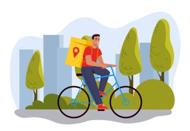 Bisikletli kurye. Sırt çantalı bir adam sipariş vermeye gider. İnternetten alışveriş ve ev teslimatı. Ulaşım ve lojistik. Teslimatçı bisikletçilik yapıyor. Düz vektör illüstrasyonu