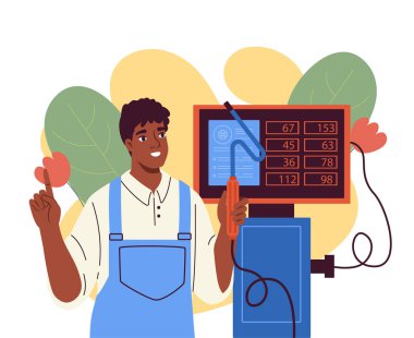 Gaz analizcisi olan adam. Çalışan üniformalı genç adam gaz sayacının yanında. Otomatik mekanik tamirat nakil aracı. Tamirci otomobil sistemlerini kontrol et. Bakım işi. Düz vektör illüstrasyonu