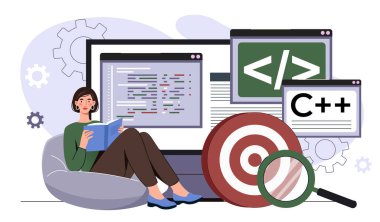 Ön gelişim konsepti. Kitaplı kadın program kodunun yanında oturuyor. Programcı ve bilişim uzmanı programlama dili eğitimi alıyor. Web sitesi için sayfa geliştirme. Düz vektör illüstrasyonu