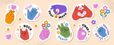 El çıkartmaları hazır. Jestlerle etiketler. Aşk, rock ve beşlik. Parmaklar jestler gösterir. Sosyal medya için moda bantlarla dolup taşın. Düz vektör koleksiyonu bej arkaplanda izole edildi