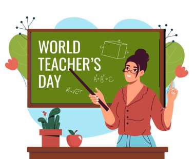 Dünya öğretmenler günü. Tahtanın yanında elinde işaret olan kadın. Uluslararası tatil 5 Ekim. Öğretmen ders veriyor ya da ders veriyor. Eğitim ve öğrenim. Düz vektör illüstrasyonu