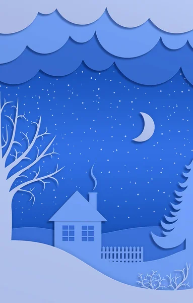 Winter night landscape with house, trees and snowdrifts. Merry Christmas and Happy New Year paper art style.