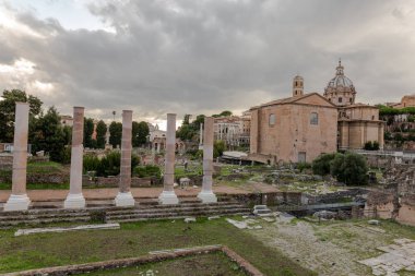 Roma Forumu 'nun Roma harabelerinin ayrıntıları. Roma Forumları, Roma şehrinin merkezindeki çok sayıda önemli antik hükümet binasının kalıntılarıyla çevrili dikdörtgen bir forum (plaza)..