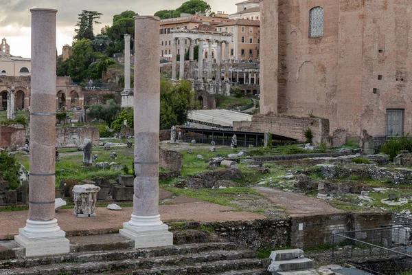 Detail of roman ruins of the Roman Forum.  Roman Forumis a rectangular forum (plaza) surrounded by the ruins of several important ancient government buildings at the center of the city of Rome.