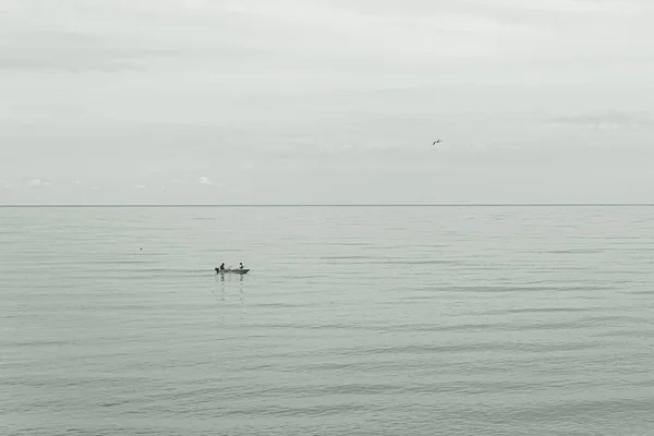 Pescatori Gabbiano Nel Mare Serale Calmo — Foto Stock