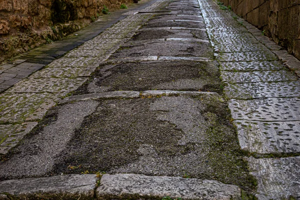 Detalle Una Antigua Calle Siciliana Construida Con Losas Piedra — Foto de Stock