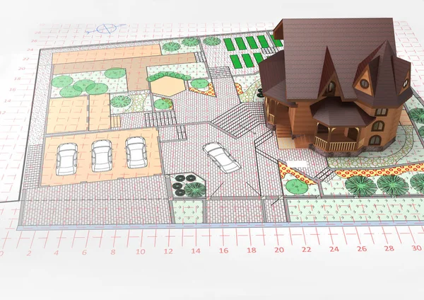 Layout of the house on the drawing. Landscaping and garden design. 3d rendering. 3d illustration.