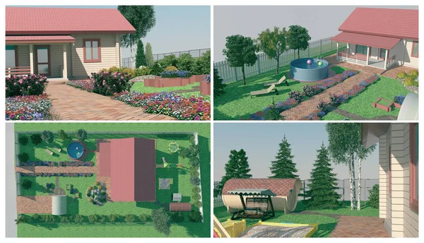 Progettazione Del Giardino Una Serie Illustrazioni Sul Disegno Del Paesaggio — Foto Stock