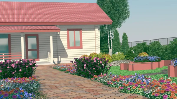Garden design. View from the track to the house. Garden plot. 3d rendering.