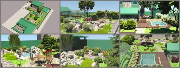 Projeto Jardim Conjunto Ilustrações Sobre Desenho Paisagístico Jardim Terreno Renderização — Fotografia de Stock