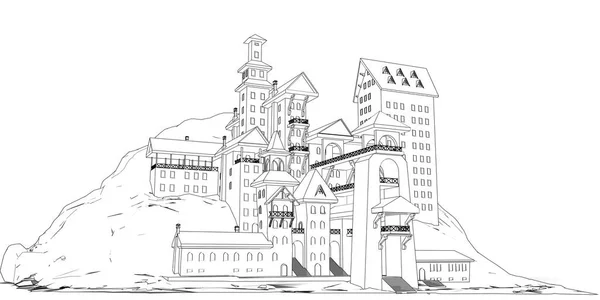 Ville Sur Montagne Noir Blanc Illustration Croquis Pour Colorier Avec — Photo