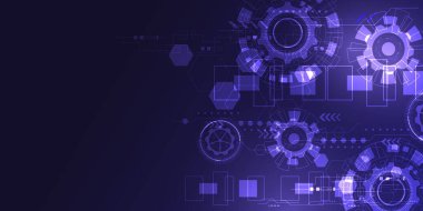 Modern teknoloji tarzında parıldayan dijital dişli şekilleri, devre çizgileri ve geometrik desenleri olan soyut geleceksel arkaplan.