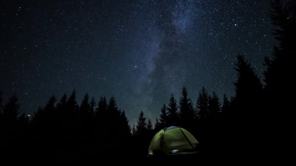 Milky Way Moving Night Sky Silhouettes Trees Glowing Tent Timelapse — Stock Video