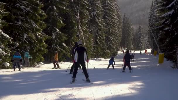 Les skieurs descendent la piste dans une station de ski — Video