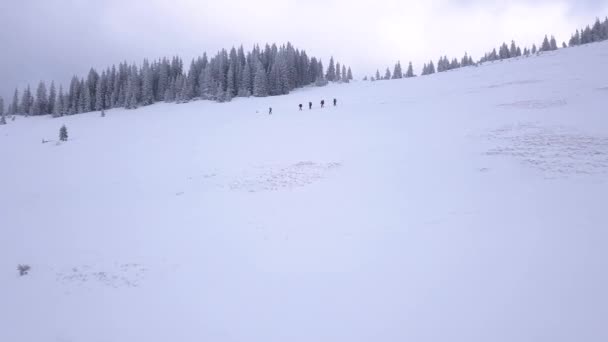 Πετώντας πάνω από μια ομάδα τουριστών στα βουνά του χειμώνα — Αρχείο Βίντεο