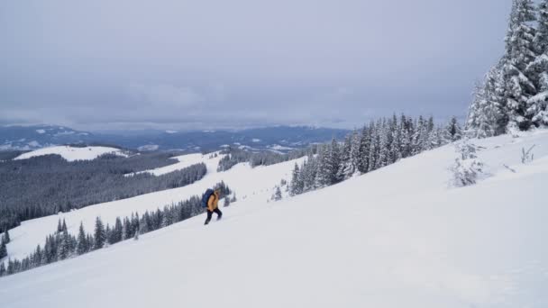 En turist vägleder genom snön i fjällen. — Stockvideo