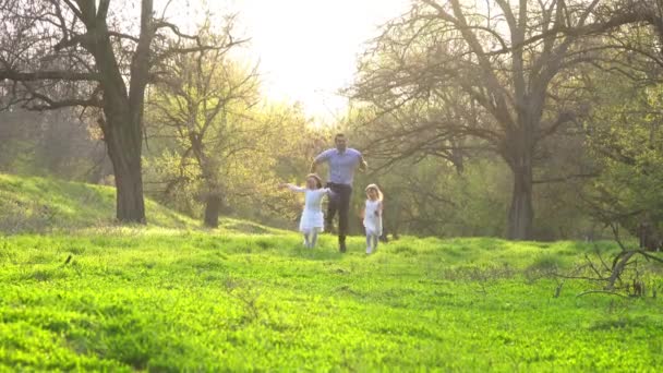 Pai com filhas brincando no parque — Vídeo de Stock