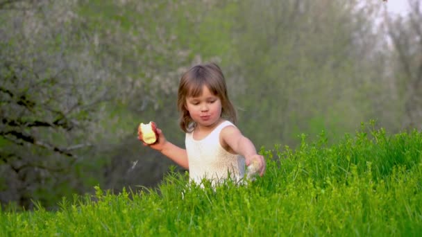Menina sentada na grama e comer uma maçã — Vídeo de Stock