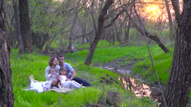 Щаслива родина відпочиває в парку біля струмка — стокове відео