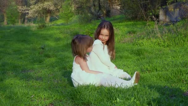 小さな女の子が芝生の上の公園に座っている — ストック動画