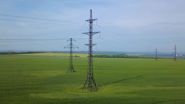 Nagyfeszültségű erőmű a zöld mezőn — Stock videók